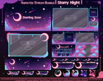 Animated "Starry Night" Stream Pack for Twitch & Kick - Cozy Stream Overlay Package - Cute Celestial Twitch Layout