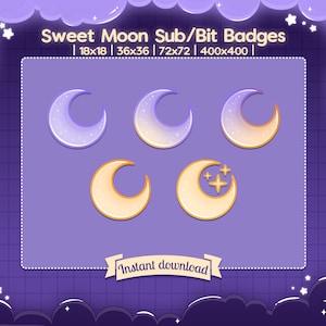 May include: Five different sized crescent moon badges with a purple, white, and yellow color scheme. The badges are on a purple background with a white grid pattern. The text "Sweet Moon Sub/Bit Badges" and "Instant download" are also on the image.