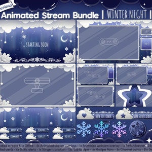 Animated Winter Night Complete Stream Bundle Package Twitch Overlay Christmas Holiday Snow Flake Cloud Celestial Star image 1