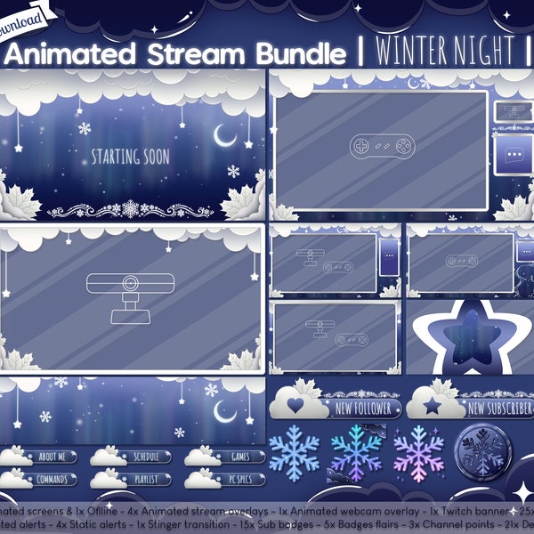 Pacchetto streaming completo "Notte invernale" animato - Pacchetto - Twitch - Overlay - Natale - Vacanza - Neve - Fiocco - Nuvola - Celestiale - Stella