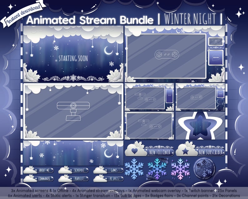 Animated Twitch stream overlay pack with Starting Soon, BRB, Ending and offline screens in HD. Includes webcam overlays (16:9 & 4:3), in-game, Just Chatting, VTuber and full-screen overlays with transparency. Features animated alerts, stinger transition, Twitch banner, customizable panels, snowflake badges, festive emotes, and winter-themed stream decorations with snow, clouds, sparkles and animated backgrounds for a cozy Christmas streaming setup.