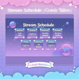 Stream Schedule &quot;Cosmic Kitten&quot; - Twitch - Twitter - Youtube - Space - Planet - Cat - Cloud - Stars - Celestial - Kawaii Cute - Customizable