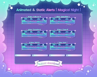 Animated Twitch Alerts "Magical Night" - Stream - Pop-up - New Follower - Subscriber - Host - Raid - Donation - Tip - Cloud - Sky - Night