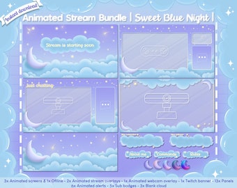 Geanimeerde complete streambundel "Sweet Blue Night" - twitch - overlay - YouTube - Facebook - schattig - pastel - maan - kawaii - ster - mignon