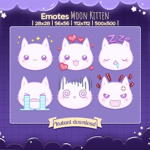 Emotes "Gatito Luna" - Twitch - Discord - Youtube - Stream - TikTok - Gato - Lindo y Kawaii - Blanco - Estrella - Neko - Gatito - Animal - Enojado