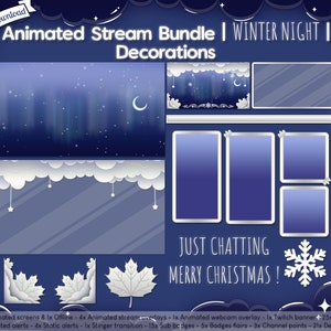 Puede incluir: Un conjunto de superposiciones de transmisi&oacute;n animadas con un tema de noche de invierno. Las superposiciones presentan un cielo azul con estrellas, nubes y una luna creciente. El texto "JUST CHATTING MERRY CHRISTMAS!" se muestra en blanco sobre un fondo azul.