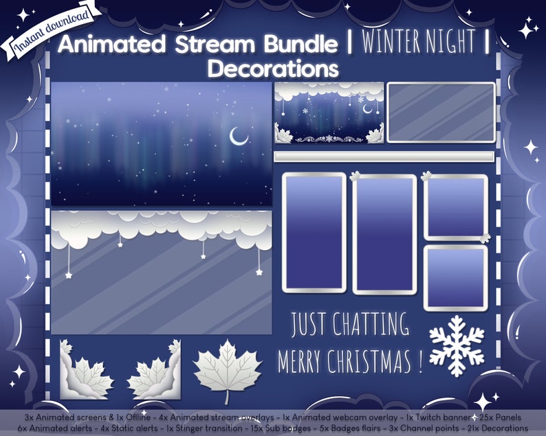 Animated Winter Night Complete Stream Bundle Package Twitch Overlay Christmas Holiday Snow Flake Cloud Celestial Star image 7