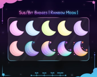 Rainbow Moon Sub Badges Pack - Twitch - Discord - Stream - Pastel - Cute - Kawaii - Sky - Star - Bits - Celestial - Colors - Pink - Purple