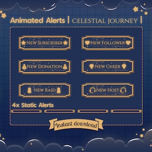 Alertas animadas de "Viaje Celestial" - Twitch - Youtube - Stream - Superposición - Estrella - Cielo - Brillo - Mapa - Libro - Galaxia - Constelación