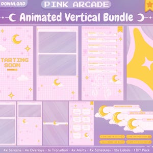 Op de afbeelding: Een digitale kunstbundel in roze en paars, met geanimeerde verticale schermen, overlays en waarschuwingen. Het ontwerp bevat manen, sterren en wolken. Tekst bevat "Pink Arcade" en "Starting Soon".