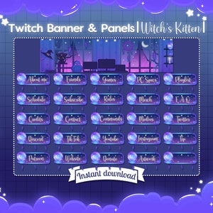 Op de afbeelding: Paarse en blauwe Twitch-banner en -panelen met een heks-kitten-thema. De banner toont een silhouet van een heksenhuisje met een halve maan en sterren. De panelen hebben de vorm van kristallen bollen en tonen tekst zoals "Over mij", "Schema", "Credits", "Discord", "Patreon", "Vrienden", "Abonneren", "Contact", "Tik Tok", "Website", "Spellen", "Regels", "Opdrachten", "Youtube", "Doneren", "PC-specificaties", "Merchandise", "Media", "Instagram", "Kunstwerken", "Afspeellijst", "FAQ", "Twitter", "Tip".