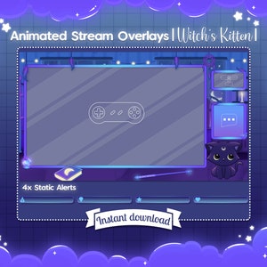 Op de afbeelding: Geanimeerde Twitch-stream overlay met een paars en blauw kleurenschema. De overlay bevat een heksenkitten, een gamecontroller en een chatbox. De tekst "Animated Stream Overlays | Witch's Kitten |" staat bovenaan de overlay. De tekst "Direct downloaden" staat onderaan de overlay.