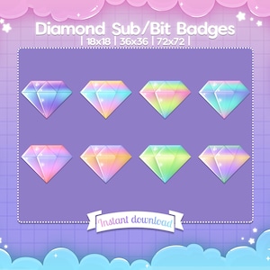 May include: Set of six iridescent diamond-shaped badges in various rainbow colors. The badges are arranged in two rows of three. The text "Diamond Sub/Bit Badges" is at the top of the image. The text "18x18 | 36x36 | 72x72" is below the title. The text "Instant download" is at the bottom of the image.