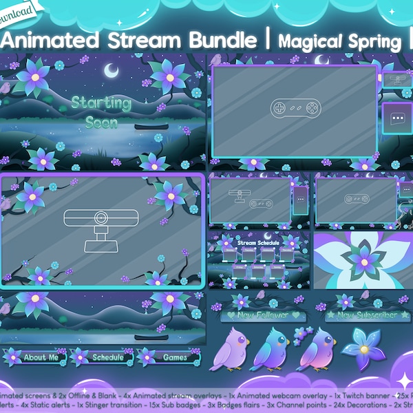 Animated "Magical Spring" Complete Stream Bundle - Overlay - Twitch - Fantasy Landscape - Flowers - Dark Pastel - Sky - Moon - Stars - Cute