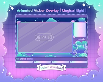 Animerad "Magisk natt" Vtuber-överlägg - Twitch - Youtube - Stream - Kawaii - Pastell - Söt - Stjärna - Himmel - Moln - Fantasi - Rymden