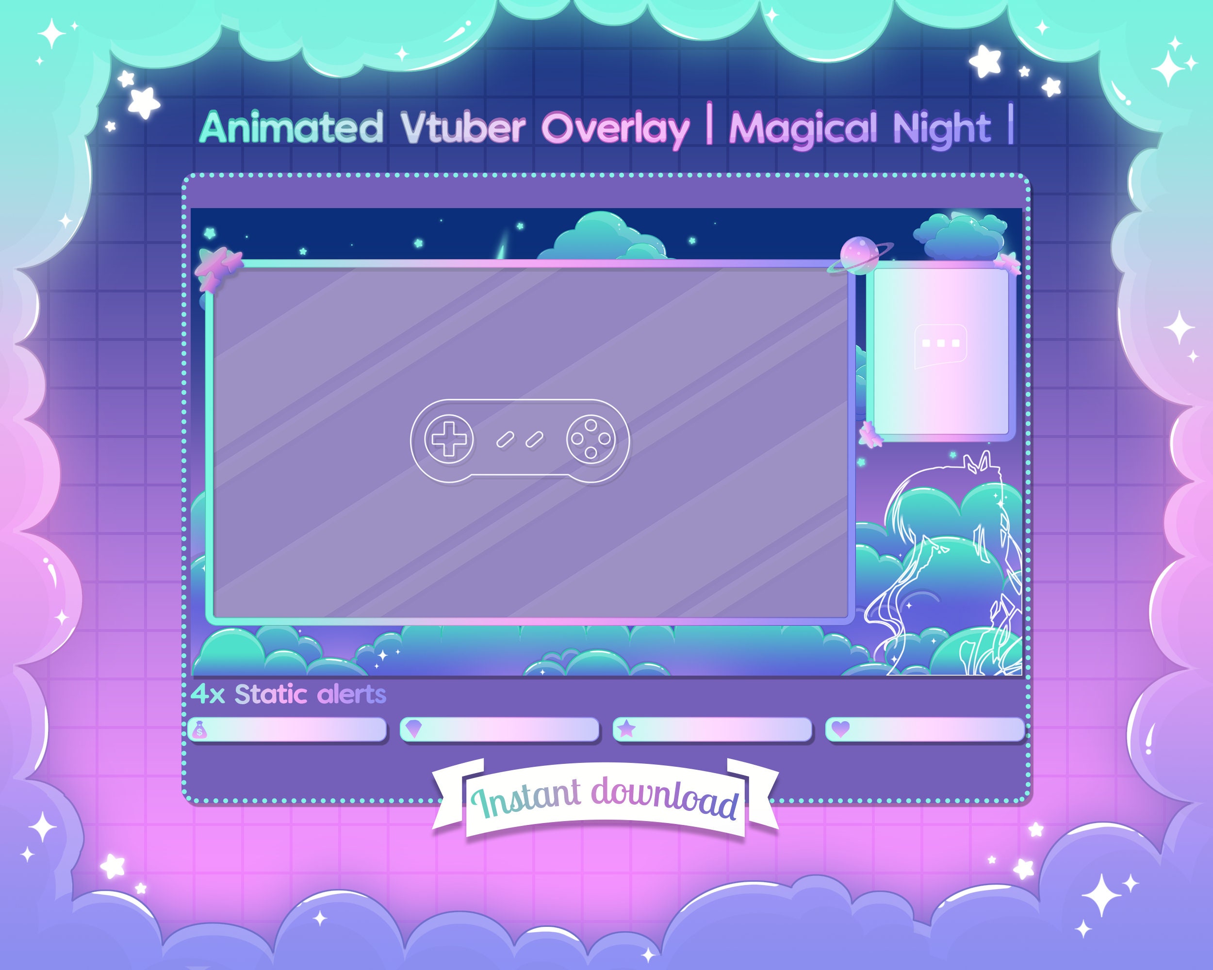 Animated Sweet Night Ingame & Just Chatting Overlay - Twitch -  -  Facebook Gaming - Stream - Cloud - Pastel - Cute - Moon - Star