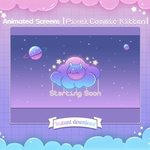 Animated Scene "Pixel Cosmic Kitten" - Stream Overlay - Twitch - Pixel Art - Cat - Kitty - Cloud - Star - Space - Pastel - Retro - Kawaii