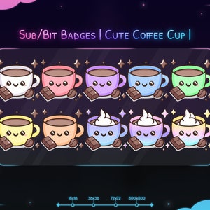 Lindas insignias de subbits de taza de café - Twitch - Discord - Stream - Pastel - Lindo - Kawaii - Bebida - Taza - Colores del arco iris - Evolutivo - Chocolate