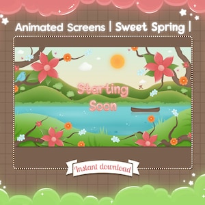 May include: Animated screen with a spring theme. The image shows a landscape with a lake, hills, and a sun. Pink flowers and a blue bird are visible. Text includes "Animated Screens | Sweet Spring |" and "Starting Soon". A banner reads "Instant download".