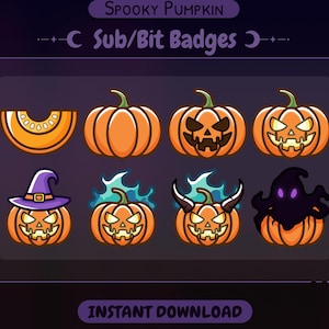 May include: A collection of eight Halloween-themed pumpkin badges in various designs. The pumpkins are orange with carved faces, some with witch hats, flames, or horns. The text "SPOOKY PUMPKIN" and "Sub/Bit Badges" are at the top.