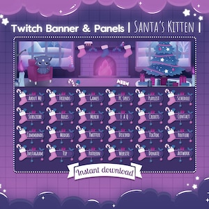 Twitch &quot;Santa&#39;s Kitten&quot; 25 Panels & 1 Banner - Background - Overlay - Christmas - Winter - Cat - Kitty - Snow - Mystical - Fireplace - Cute