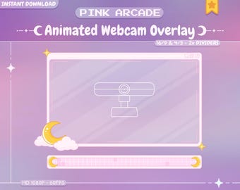 Animated Webcam Overlay Pack "Pink Arcade" - Twitch - Youtube - Stream - Kawaii - Moon - Lofi - Cloud - 8-bit - Purple - Sky - 16/9 & 4/3