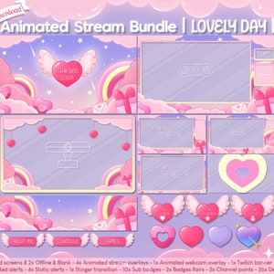 Animated &quot;Lovely Day&quot; Complete Stream Bundle - Twitch Cute Overlay Pack - Download - Cloudy Sky - Star - Valentines - Customizable - Kawaii
