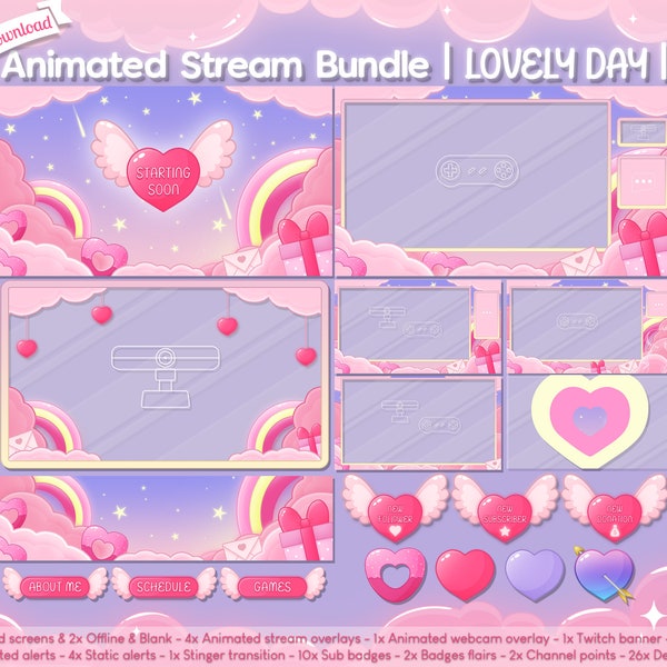 Animated "Lovely Day" Complete Stream Bundle - Twitch Cute Overlay Pack - Download - Cloudy Sky - Star - Valentines - Customizable - Kawaii