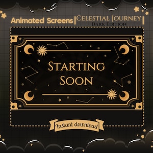 Animierte Szene „Celestial Journey“ Dark Edition – Twitch Stream Overlay – Sternschnuppe – Mond – Karte – Buch – Tierkreis – Sonne – Sternbild
