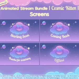 Animated Cosmic Kitten Complete Stream Bundle Twitch Overlay Cute Pastel Cat Kawaii Star Youtube Space Planet Celest image 2