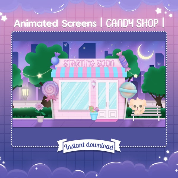 Animated Scene "Candy Shop" - Twitch - Overlay - Dog - Puppy - Food - City - Lollipop - Sweet - Building - Moon - Sunflower - Cute - Kawaii