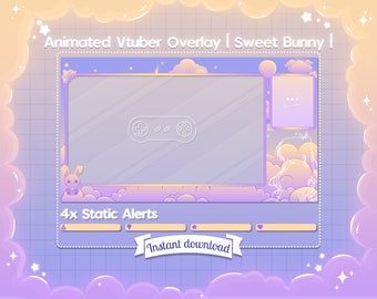 May include: Animated Vtuber overlay with a purple and blue color scheme. The overlay features a cute bunny, clouds, and a game controller. The text "Animated Vtuber Overlay | Sweet Bunny |" is at the top of the overlay. The text "4x Static Alerts" is below the main video area. The text "Instant download" is at the bottom of the overlay.