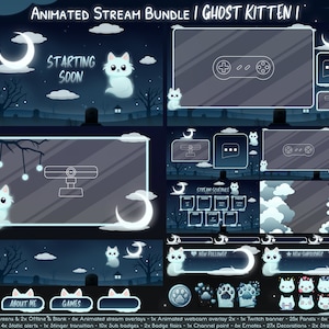 Animated &quot;Ghost Kitten&quot; Complete Stream Bundle - Twitch - Halloween Overlay Pack - Cat - Spooky - Horror - Spectral - Gothic - Moon - Dark
