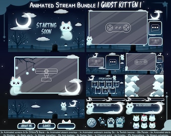 May include: Animated Twitch stream overlay bundle featuring a ghost kitten design. The bundle includes a starting soon screen, a stream schedule, a new follower alert, a new subscriber alert, and other overlays. The overlays are in a blue and white color scheme with a moon and clouds in the background.