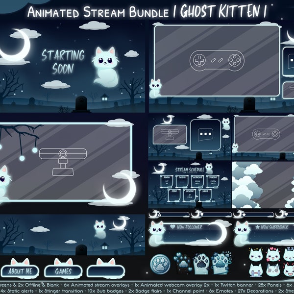 Animated "Ghost Kitten" Complete Stream Bundle - Twitch - Halloween Overlay Pack - Cat - Spooky - Horror - Spectral - Gothic - Moon - Dark
