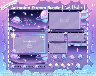 May include: Animated stream overlay bundle with a pastel galaxy theme. The bundle includes a starting soon screen, webcam overlay, new subscriber and new follower alerts, and other stream elements.