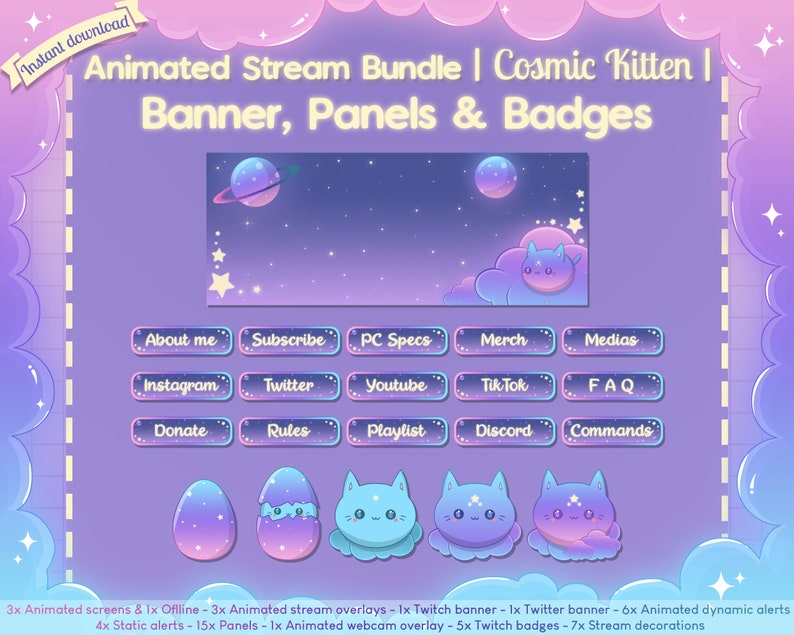 Animated Cosmic Kitten Complete Stream Bundle Twitch Overlay Cute Pastel Cat Kawaii Star Youtube Space Planet Celest image 5