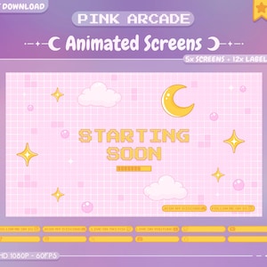Geanimeerde scène "Pink Arcade" - Twitch - Youtube - Stream Overlay - Retro gaming - 8 Bits - Gezellig - Kawaii - Wolk - Esthetisch - Schattig - Spel