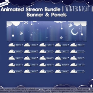 Puede incluir: Un paquete de transmisi&oacute;n de Twitch animado azul y blanco con un tema de noche de invierno. El paquete incluye una pancarta, paneles, alertas, superposiciones y m&aacute;s. La imagen presenta una luna creciente, estrellas y copos de nieve.