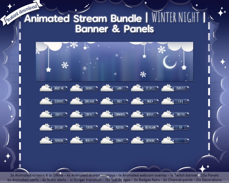 Animated Winter Night Complete Stream Bundle Package Twitch Overlay Christmas Holiday Snow Flake Cloud Celestial Star image 5