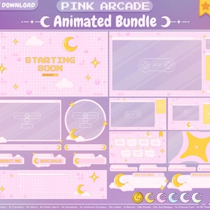Op de afbeelding: Een digitale downloadbundel met een roze en paars thema, met geanimeerde overlays en panelen voor streaming. Het ontwerp bevat manen, sterren, wolken en de tekst "PINK ARCADE" en "STARTING SOON".