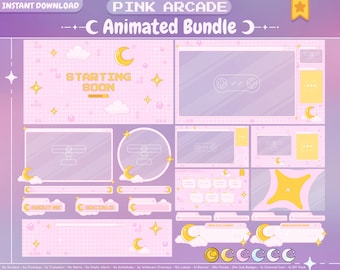 Paquete de transmisión animado "Pink Arcade" - Superposición rosa para Twitch - Diseño de Twitch para OBS y Streamlabs