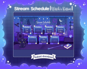 Stream Schedule "Witch's Kitten" - Twitch - Twitter - DIY - Cat - Kitten - Witch - Spooky - Goth - Cute - Kawaii Horror - Template