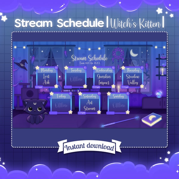 Stream Schedule "Witch's Kitten" - Twitch - Twitter - DIY - Cat - Kitten - Witch - Spooky - Goth - Cute - Kawaii Horror - Template