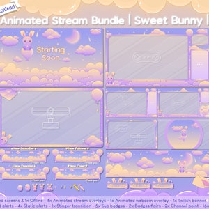 Animated &quot;Sweet Bunny&quot; Complete Stream Bundle - Twitch - Overlay - Cute - Pastel - Cloud - Kawaii - Star - Space - Moon - Celest - Pack