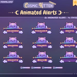 May include: Digital download of animated alerts for streamers, featuring a purple kitten design. The alerts include text for new subscribers, followers, gifts, donations, cheers, hype trains, sub gifts, and raids. The design has a cosmic theme.