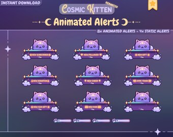 May include: Digital download of animated alerts for streamers, featuring a purple kitten design. The alerts include text for new subscribers, followers, gifts, donations, cheers, hype trains, sub gifts, and raids. The design has a cosmic theme.