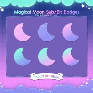 Op de afbeelding: Zes digitale badges met halve manen met een verloop van roze, blauw en paars. De tekst "Magical Moon Sub/Bit Badges" staat bovenaan de afbeelding. De tekst "Instant download" staat onderaan de afbeelding.