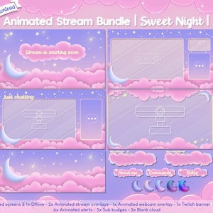 Animated "Sweet Night" Complete Stream Bundle - Twitch - Youtube - Overlay - Cute - Pastel - Moon - Kawaii - Star - Cloud - Mignon