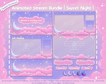 Animated "Sweet Night" Stream Package - Pink Overlays for Streamlabs & OBS